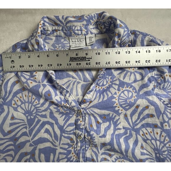 Nicole Miller Womens Linen Button Down Shirt XL Roll-Tab Sleeve Blue Leaf Print - Picture 5 of 7